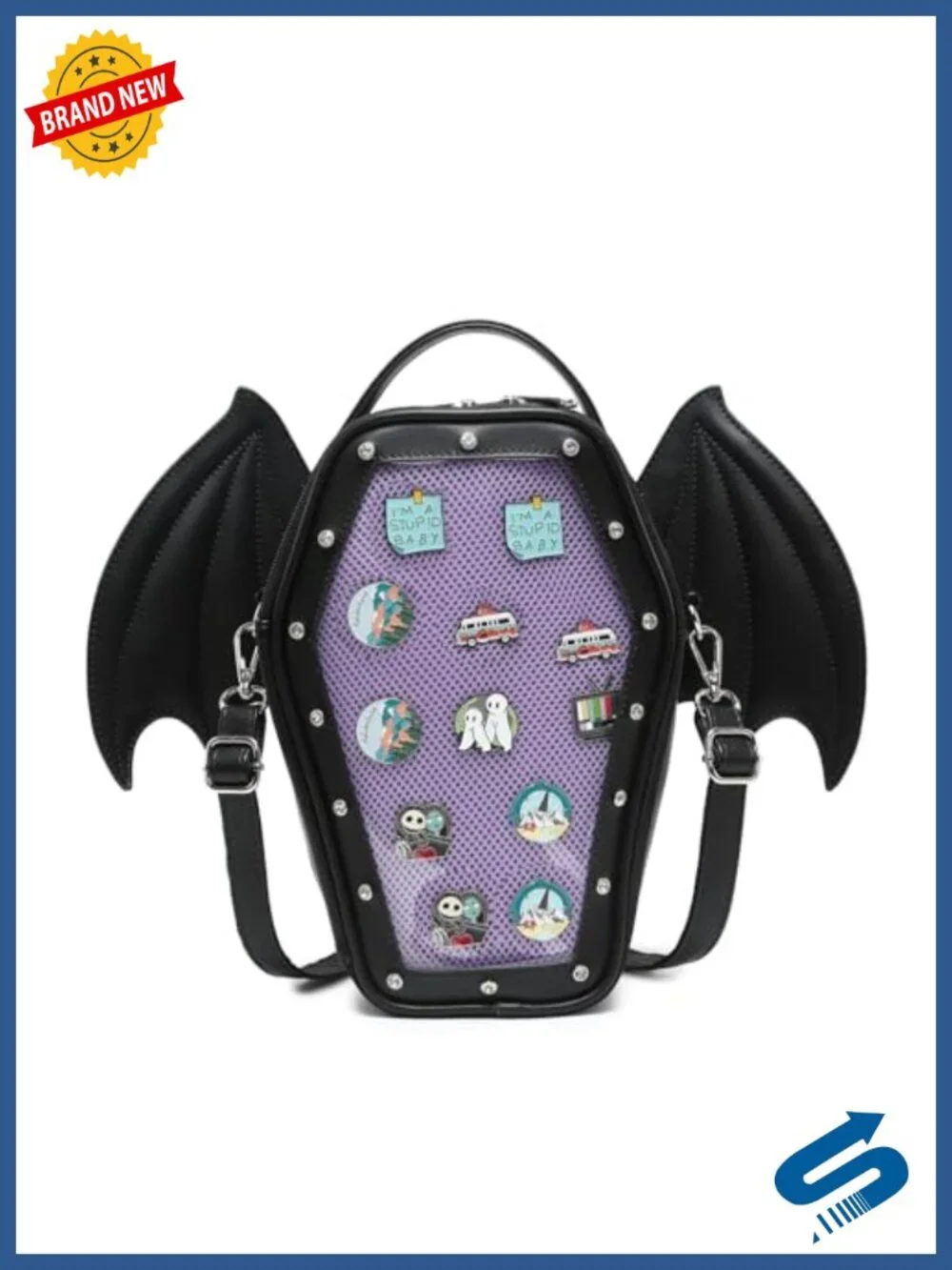 Gothic Coffin Ita Bag Backpack Shoulder Purse Faux Leather Detachable Bat Wings